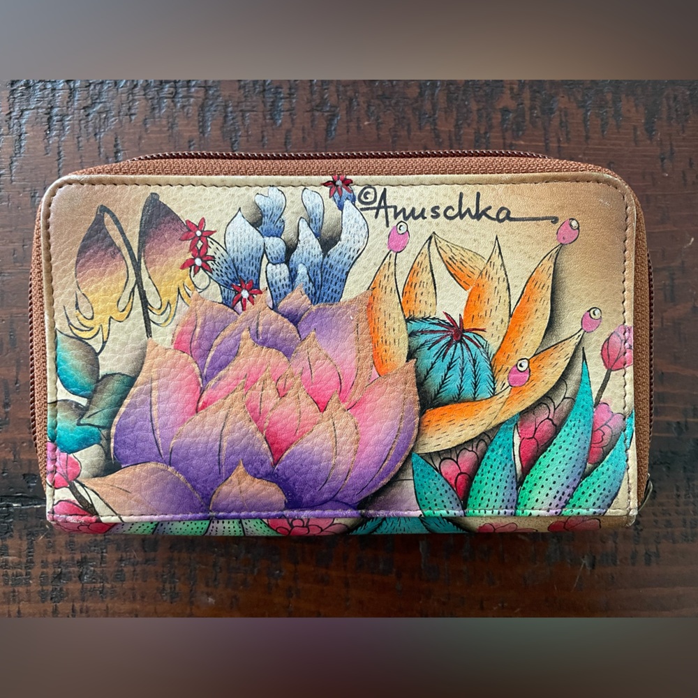 Anuschka genuine leather hand painted desert sunset double zip wallet NWOT ~
